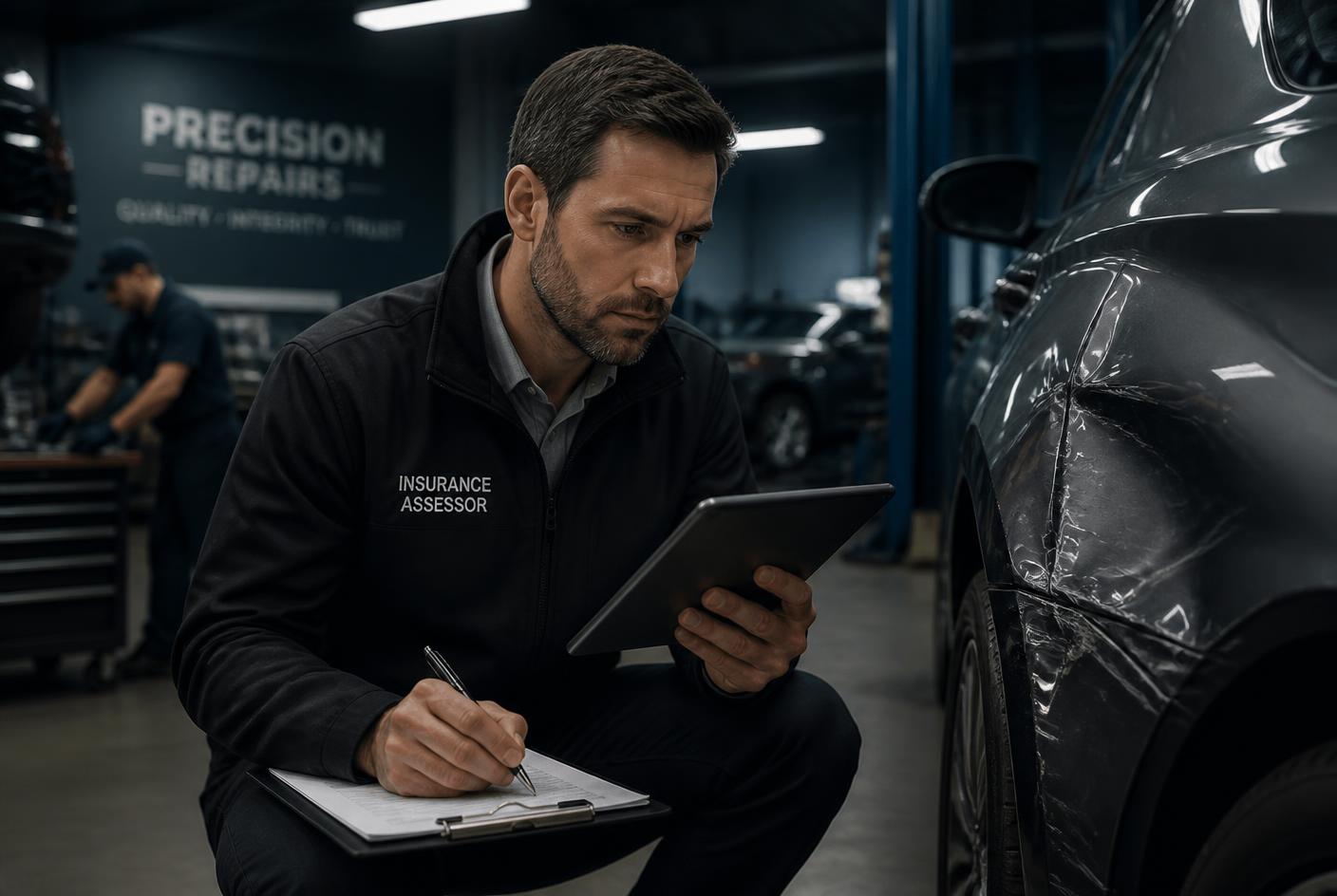 Insurance assessor inspecting vehicle damage with a technician