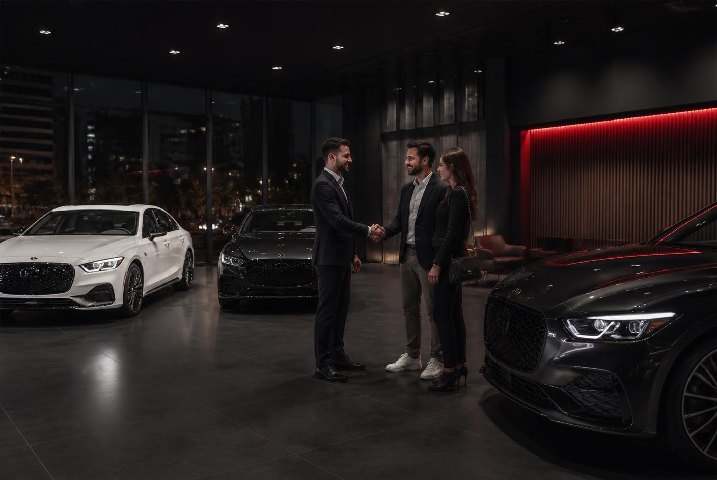 Sales consultant welcoming customers in the Aarkay Motors showroom