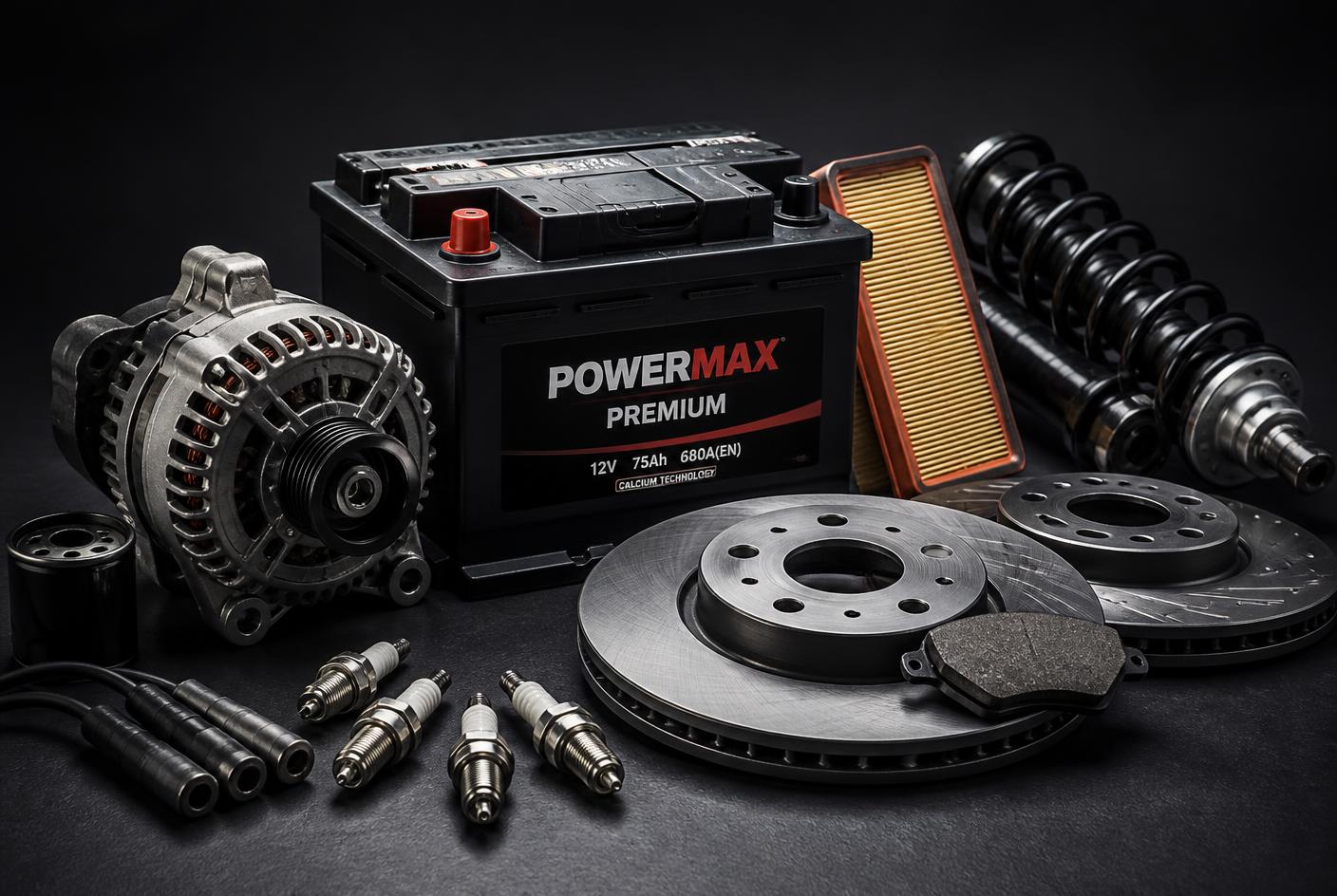 Car spare parts and a battery arranged on a dark surface